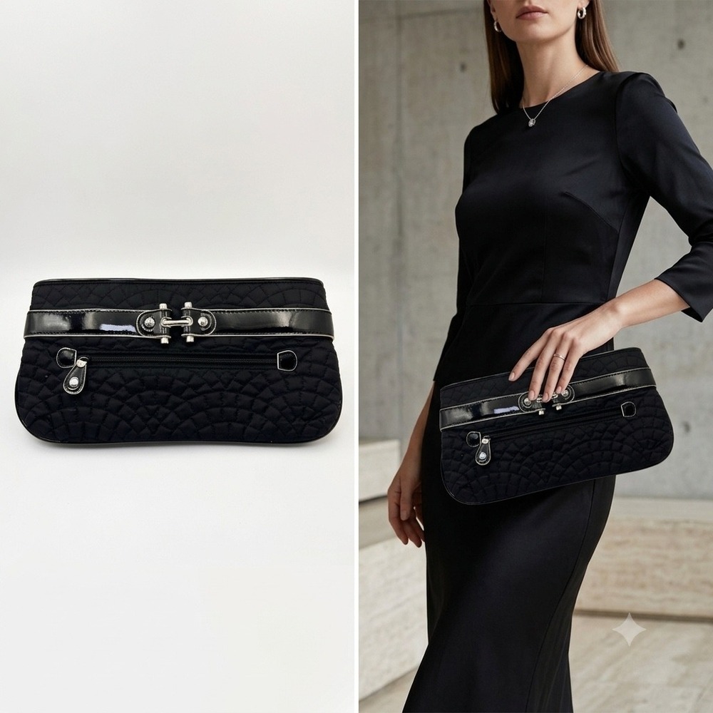 Vera Bradley Bistro Wristlet‎ Clutch Black Quilted Patent Trim Toggle Chic Y2K